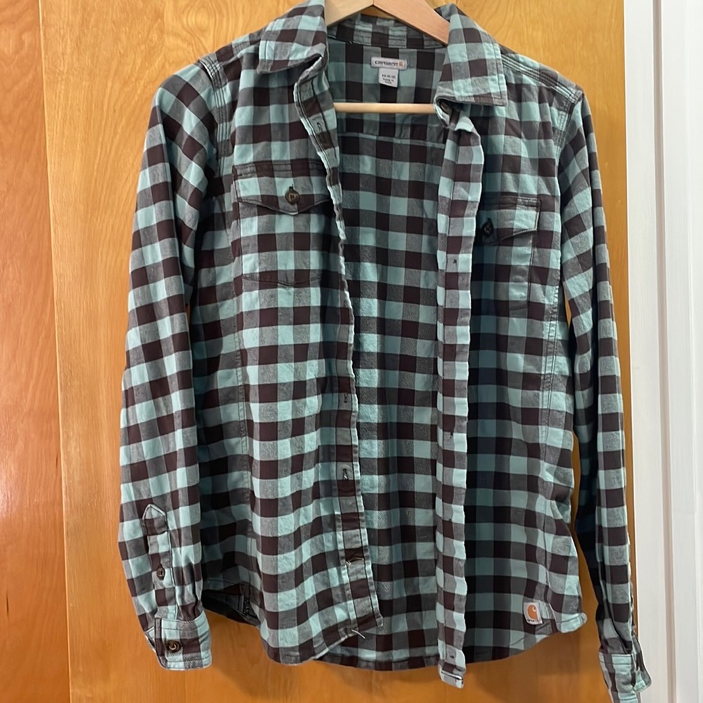 green plaid Carhartt button up collard shirt